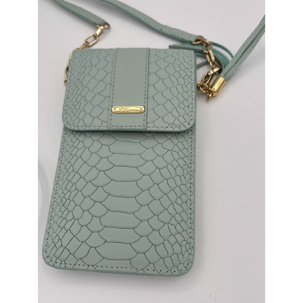 GiGi‎ New York Phone Case Leather Mini Crossbody Embossed Seafoam Purse Tassel - Picture 2 of 8